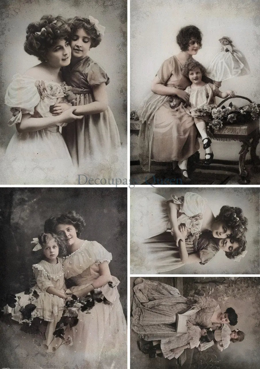 Handcrafted, Decoupage, Mothers Day, Tag, Ornament, Vintage Mother and Daughter Portrait, Shabby Chic, Mixed Media, Laser Cut MDF, Gift Handmade by Pamela