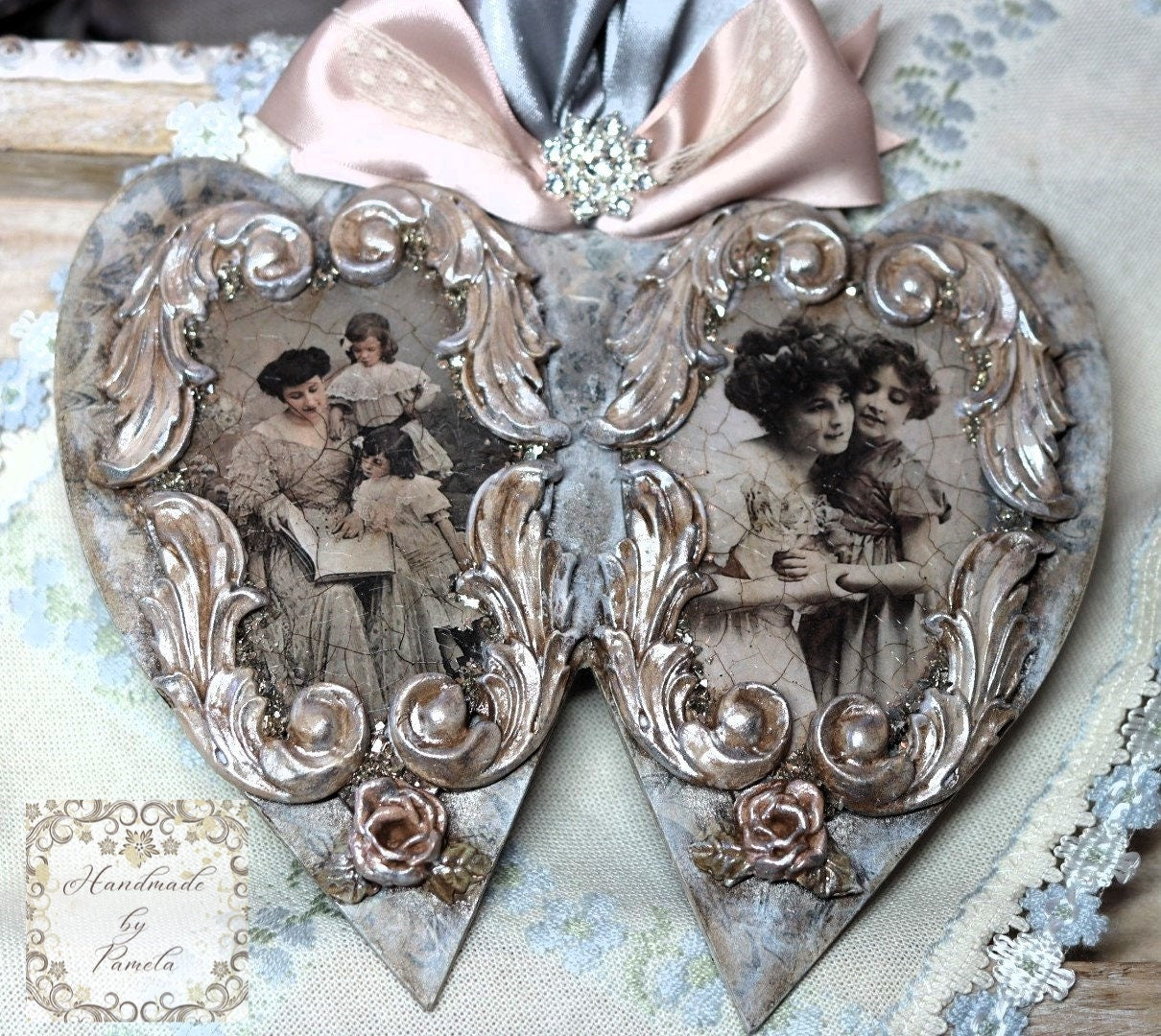 Handcrafted, Decoupage, Mothers Day, Double Heart Ornament, Nostalgic, Vintage, Mother, Daughter Portrait, Shabby Chic, Laser Cut MDF, Gift