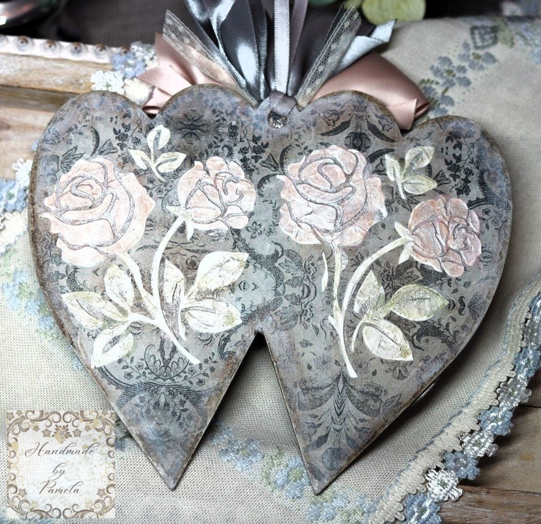 Handcrafted, Decoupage, Mothers Day, Double Heart Ornament, Nostalgic, Vintage, Mother, Daughter Portrait, Shabby Chic, Laser Cut MDF, Gift