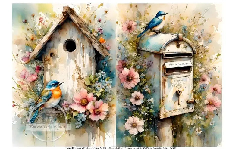 Decoupage Central, Rice Paper, Birds, Mail Box, Bird House, Spring, Flowers, Watercolor, Squares, Country DC426, Mixed Media, A4 8.27x11.69 Decoupage Central