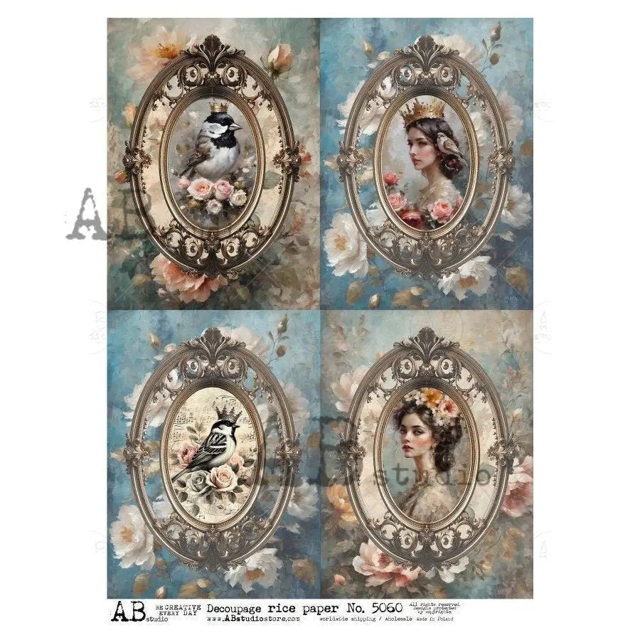 AB Studio, Rice Paper, Decoupage, Mixed Media, Vintage Frames, Women, Birds, Blue Flowers, Squares, Shabby Chic, 2024, 5060, A4 8.27 X 11.69 AB Studio