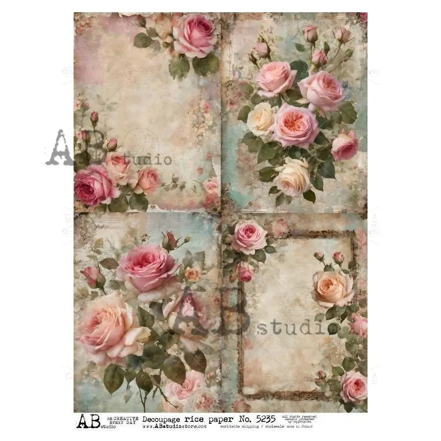 AB Studio, Rice Paper, Decoupage, Mixed Media, Vintage Style, Pink Roses, Flowers, Squares, Shabby Chic, 2024, 5235 A4 8.27 X 11.69 AB Studio