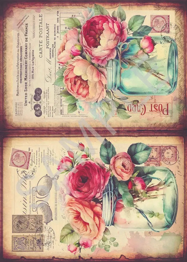 Calambour, Rice Paper, Italian Design, Peonies, Flowers, Mason Jar, 2 pack, 2024 Release, Shabby Chic, Vintage Style, T156, A4, 9 x 12.5 in Calambour