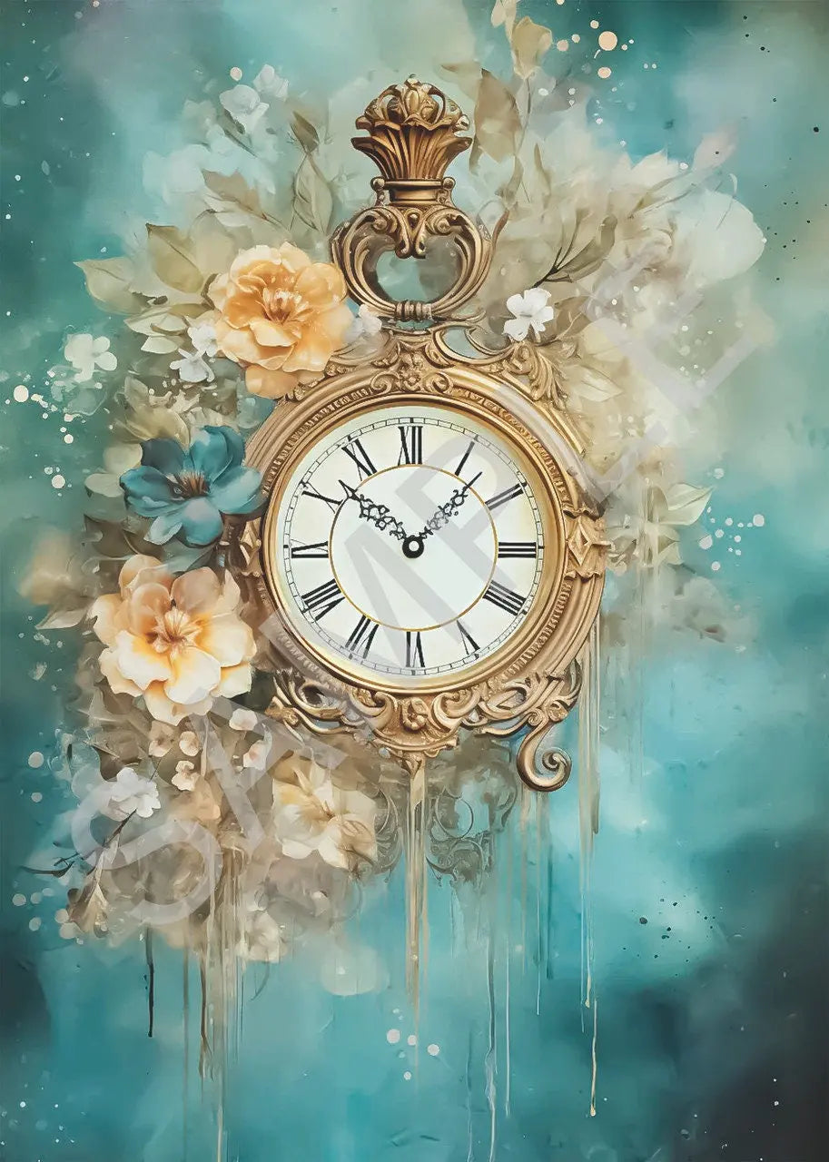 Calambour, Rice Paper, Italian Design, Dreamscape Timepiece, Clock, Floral, 2024 Release, Shabby Chic, Vintage Style, T171, A4, 9 x 12.5 in Calambour