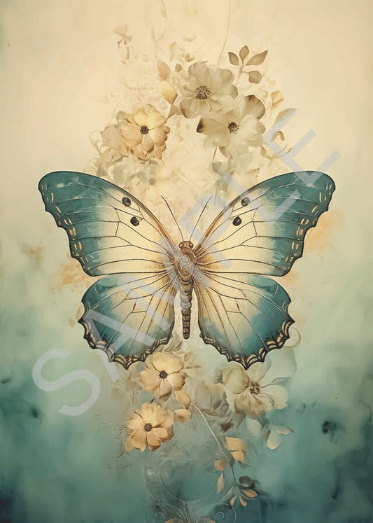 Calambour, Rice Paper, Italian Design, Dreamscape Blue Butterfly, Floral, 2024 Release, Shabby Chic, Vintage Style, T173, A4, 9 x 12.5 in