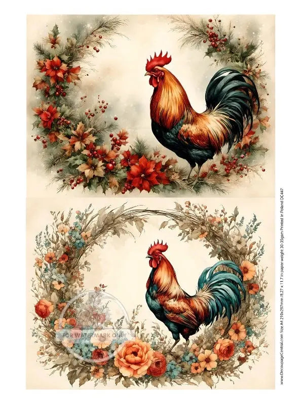 Decoupage Central, Rooster, Flower Wreaths, Colorful, Country, Shabby Chic Style, DC447, Rice Paper, Decoupage, Mixed Media, A4 8.27x11.69 Decoupage Central