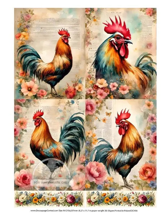 Decoupage Central, Rooster, Flowers, Squares, Colorful, Country, Shabby Chic Style, DC456, Rice Paper, Decoupage, Mixed Media, A4 8.27x11.69 Decoupage Central