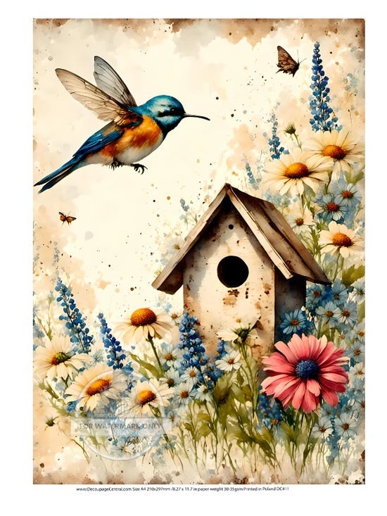 Decoupage Central, Rice Paper, Hummingbird, Bird House, Spring, Flowers, Watercolor, Shabby Chic, DC411, Mixed Media, A4 8.27x11.69
