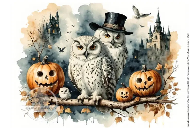 Decoupage Central, Rice Paper, Halloween, White Owls, Pumpkins, Haunted Houses, Jack-O-Lanterns, DC489, Mixed Media, A4 8.27x11.69 Decoupage Central