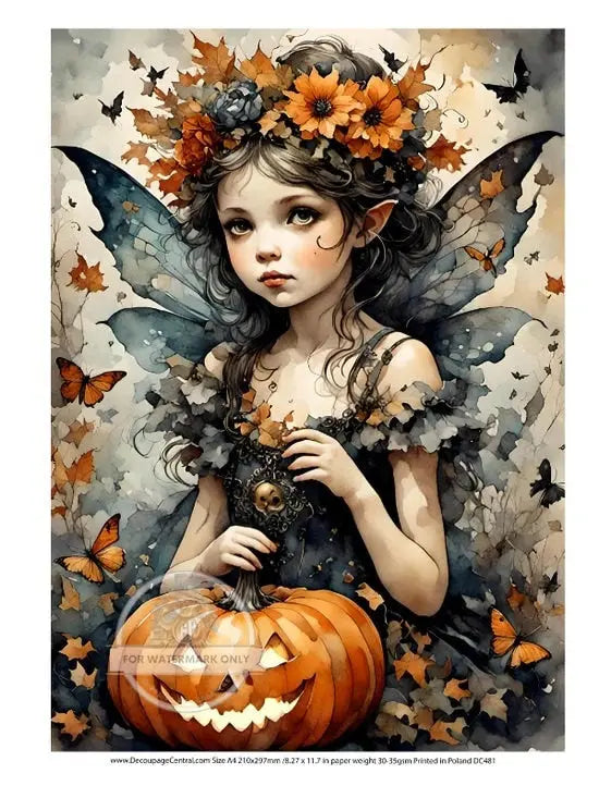 Decoupage Central, Rice Paper, Halloween, Fairy, Jack-O-Lantern, Flowers, Butterflies, Pumpkin, DC481, Mixed Media, A4 8.27x11.69 Decoupage Central