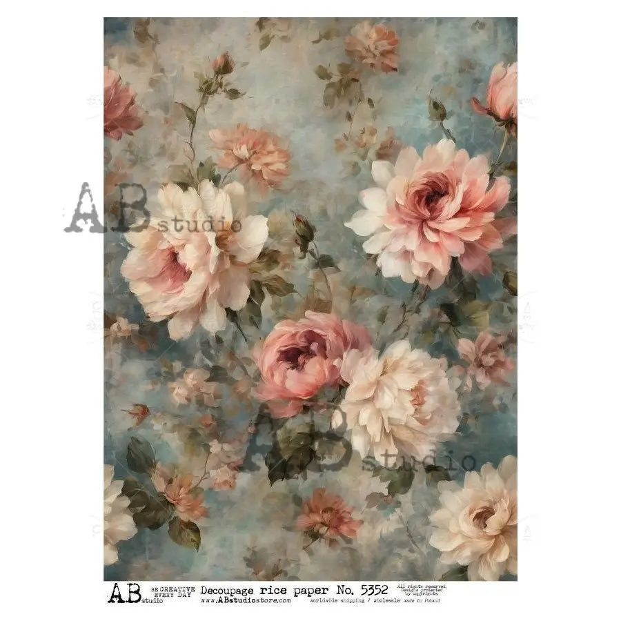 AB Studio, Rice Paper, Decoupage, Mixed Media, Blue, White, Pink, Flowers, Bouquet, Shabby Chic Style, 2024 Release, 5352, A4 8.27 X 11.69 AB Studio