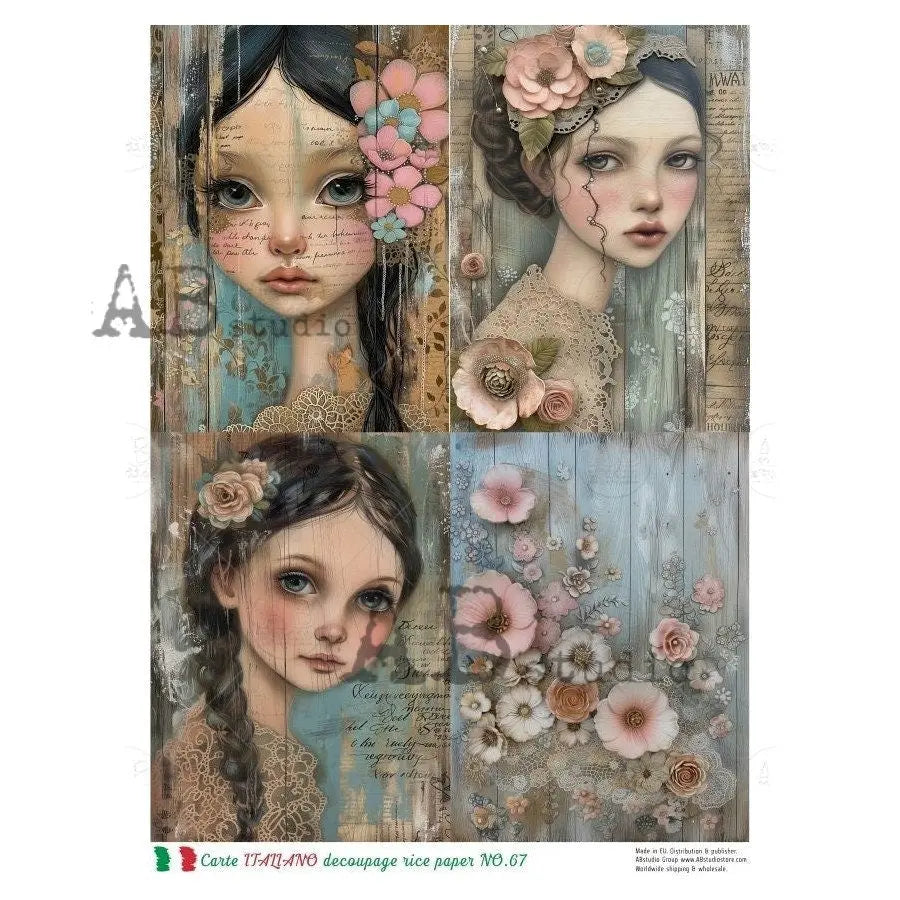 AB Studio, Rice Paper, Decoupage, Mixed Media, Carte Italiano, Girl, Art, Blue, Squares, Flowers, 2024 Release, NO67, A4 8.27 X 11.69 AB Studio