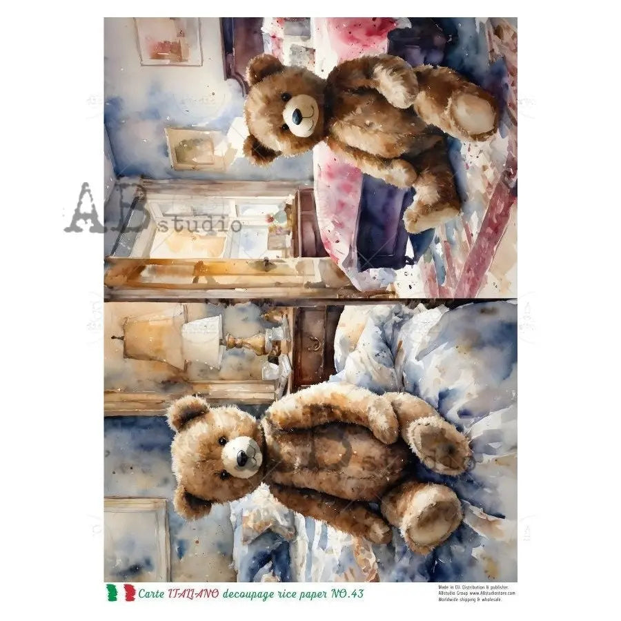 AB Studio, Rice Paper, Decoupage, Mixed Media, Carte Italiano, Water Color, Teddy, Bears, Squares, 2024 Release, NO43, A4 8.27 X 11.69 AB Studio