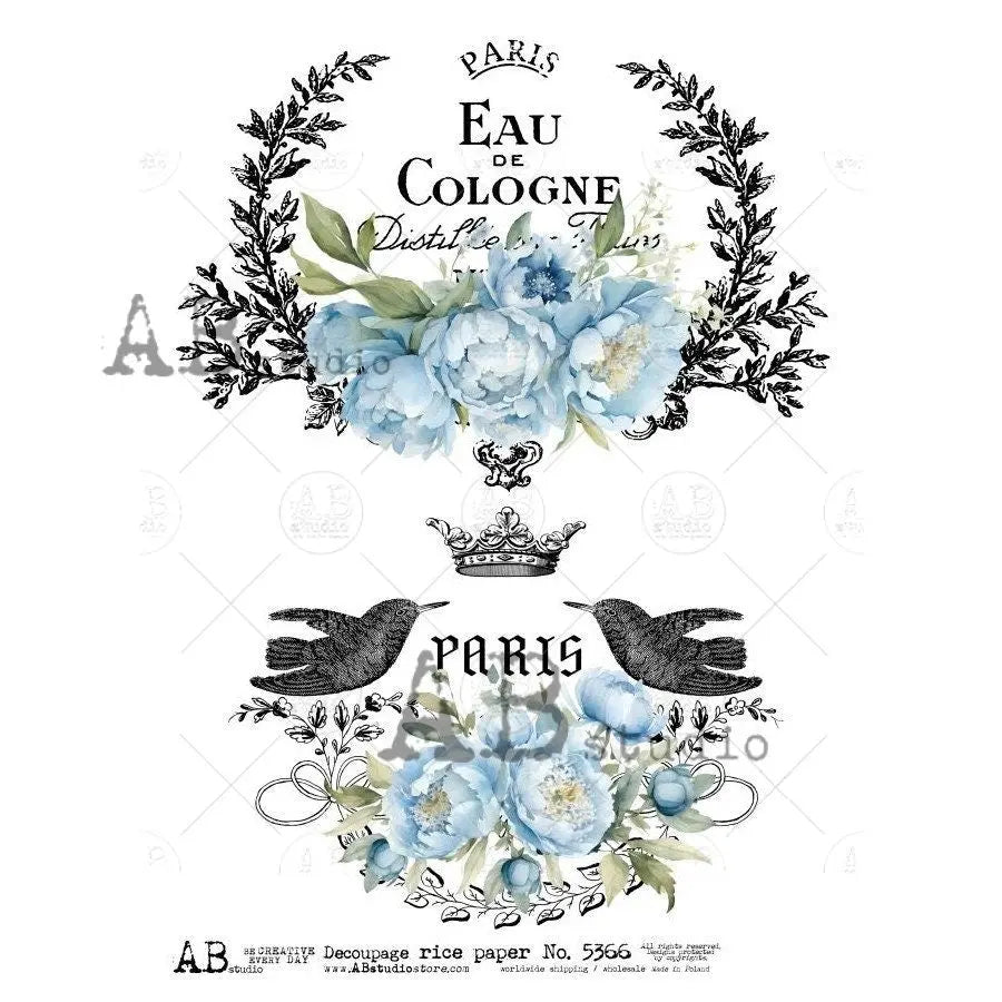 AB Studio, Rice Paper, Decoupage, Mixed Media, Blue, Flowers, Paris, Birds, Crown, Shabby Chic Style, 2024 Release, 5366, A4 8.27 X 11.69 AB Studio
