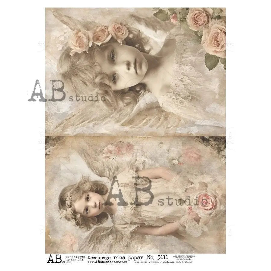 AB Studio, Rice Paper, Decoupage, Mixed Media, Vintage, Girls, Angels, Portraits, Pink Roses, Shabby Chic Style, 5111, A4 8.27 X 11.69 AB Studio