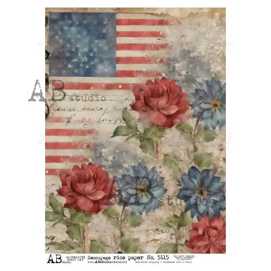 AB Studio, Rice Paper, Decoupage, Mixed Media, Vintage Style, American Flag, Flowers, Red, White, Blue, Patriotic, 5115, A4 8.27 X 11.69 AB Studio