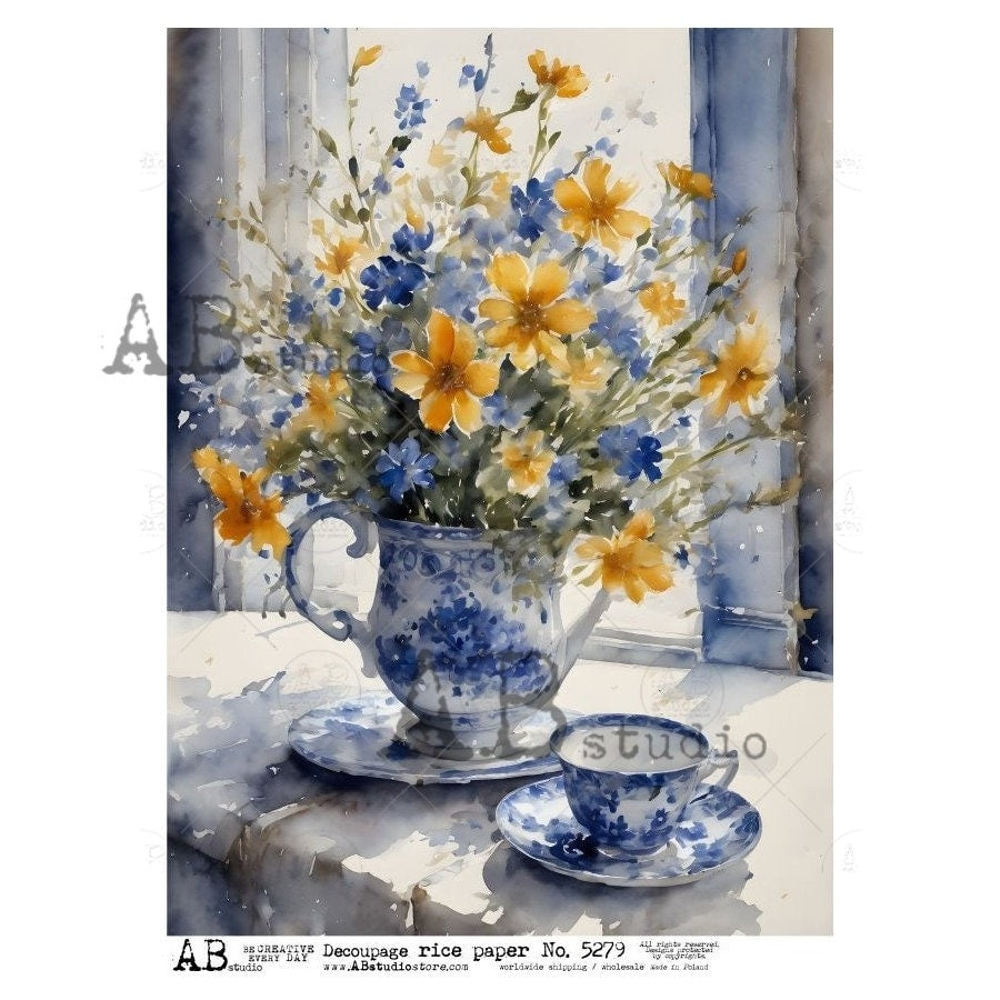 AB Studio, Rice Paper, Decoupage, Mixed Media, Vintage Style, Blue, White, Yellow, Flowers, Porcelain, Shabby Chic, 2024, A4 8.27 X 11.69