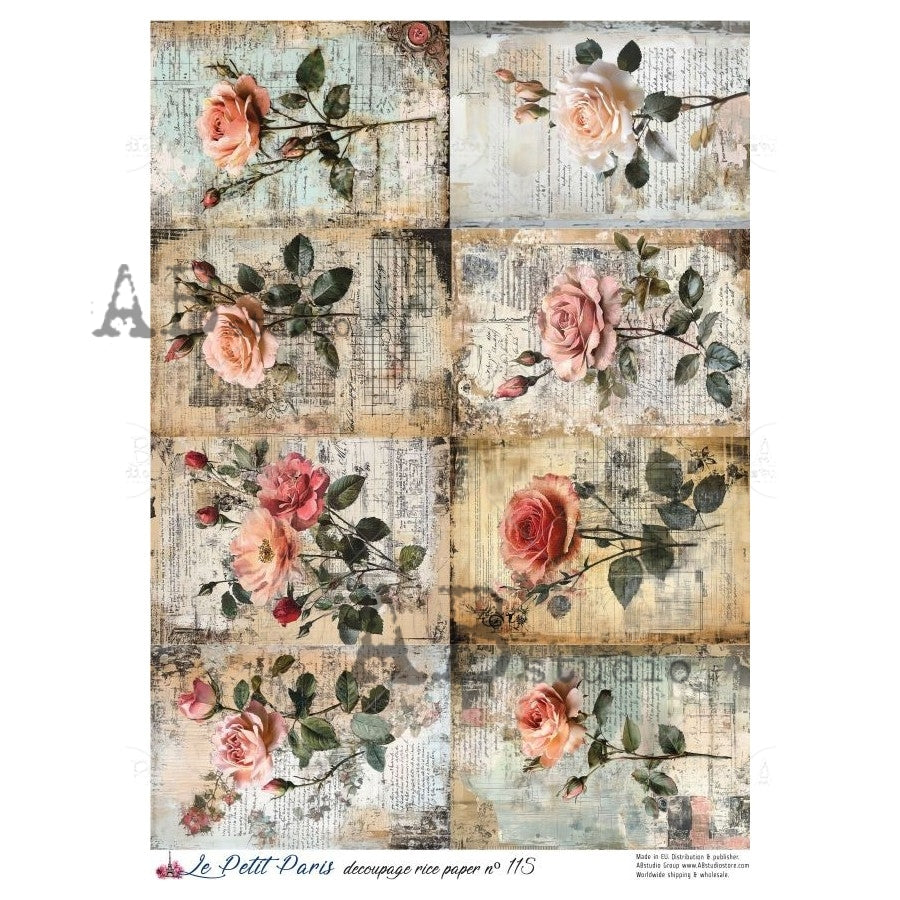 AB Studio, La Petit Paris, Rice Paper, Roses, Old News Print, Tags, Squares, Shabby Chic, Decoupage, Mixed Media, A4 8.27 x 11.69, LP-115