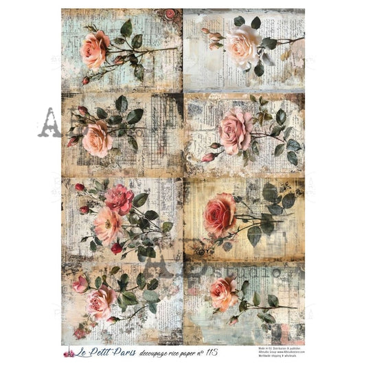 AB Studio, La Petit Paris, Rice Paper, Roses, Old News Print, Tags, Squares, Shabby Chic, Decoupage, Mixed Media, A4 8.27 x 11.69, LP-115