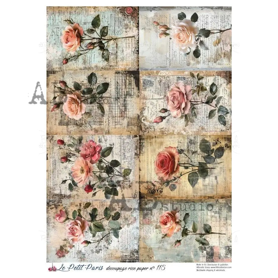 AB Studio, La Petit Paris, Rice Paper, Roses, Old News Print, Tags, Squares, Shabby Chic, Decoupage, Mixed Media, A4 8.27 x 11.69, LP-115 AB Studio