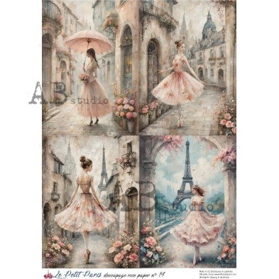 AB Studio, La Petit Paris, Rice Paper, Vintage Style, Pink Roses, Shabby Chic, Dancer, Ballerina, Decoupage, Mixed Media A4 8.27 x 11.69