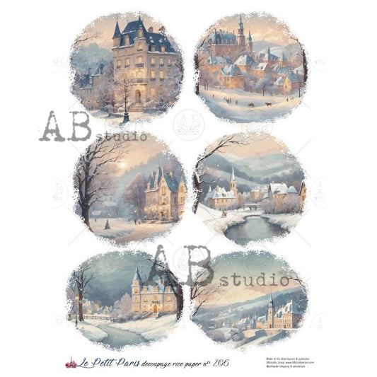 AB Studio, Rice Paper, Christmas, La Petit, Paris, Christmas, Winter, Castles, Ornament Rounds, A4 8.27 x11.7, Mixed Media, Decoupage, LP206