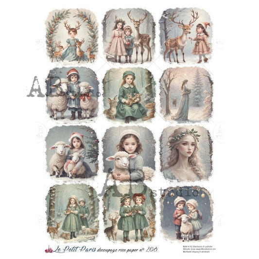 AB Studio, Rice Paper, La Petit, Paris, Christmas, Vintage, Children, Squares, Tags, Ornaments, A4 8.27 x11.7, Mixed Media, Decoupage, LP208