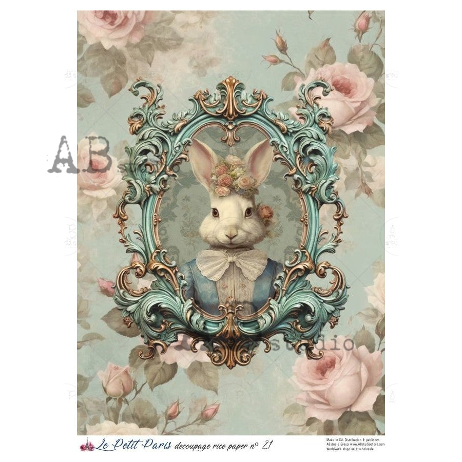 AB Studio, La Petit Paris, Rice Paper, Easter, Rabbits, Vintage, Shabby Chic, Background, Wallpaper, Decoupage, Mixed Media, A4 8.27 x 11.69 11.69