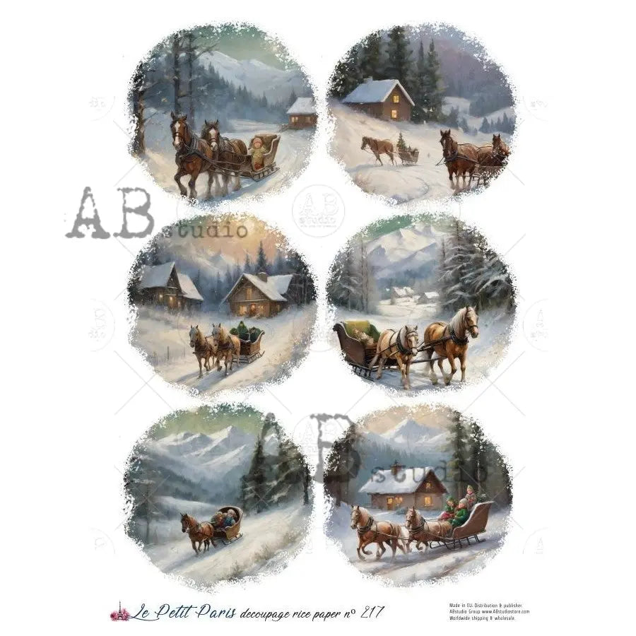 AB Studio, Rice Paper, Christmas, La Petit, Paris, Christmas, Winter Sleigh, Ornament Rounds, A4 8.27 x11.69, Mixed Media, Decoupage, LP-217 AB Studio