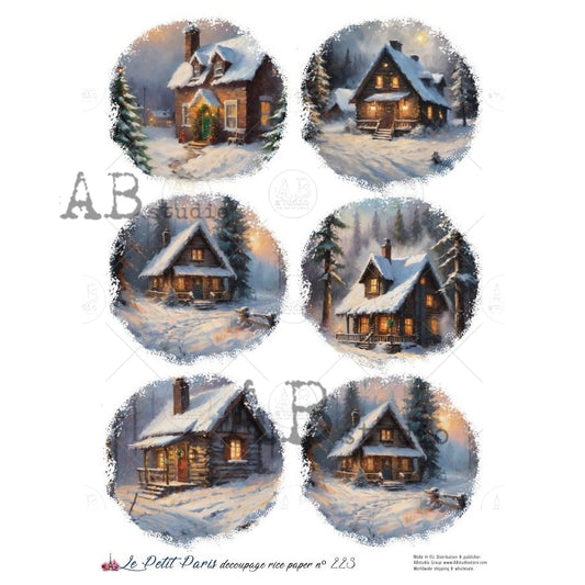 AB Studio, Rice Paper, Christmas, La Petit, Paris, Christmas, Winter Cabin, Ornament Rounds, A4 8.27 x11.69, Mixed Media, Decoupage, LP-223