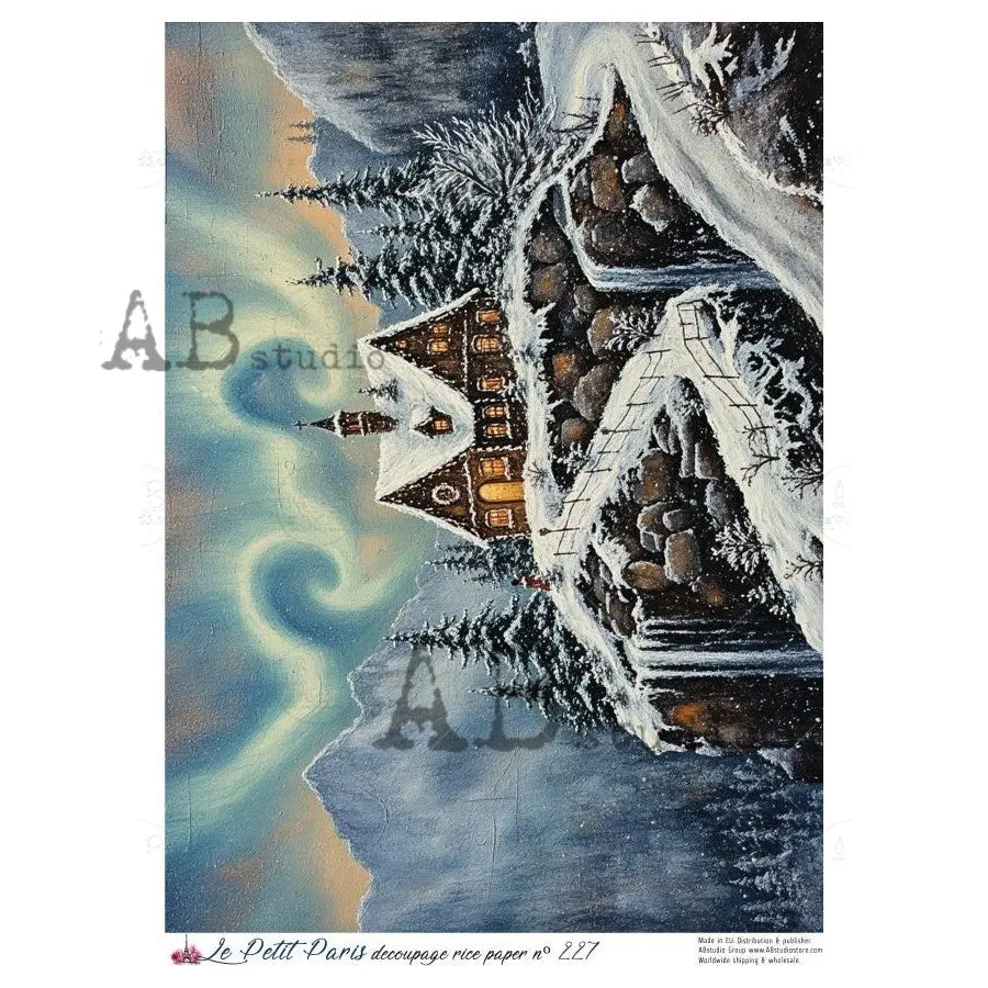 AB Studio, Rice Paper, Christmas, La Petit Paris, Christmas Cottage, Winter Scene, Snow, Trees, A4 8.27 x11.69, Mixed Media, Decoupage NO227 AB Studio