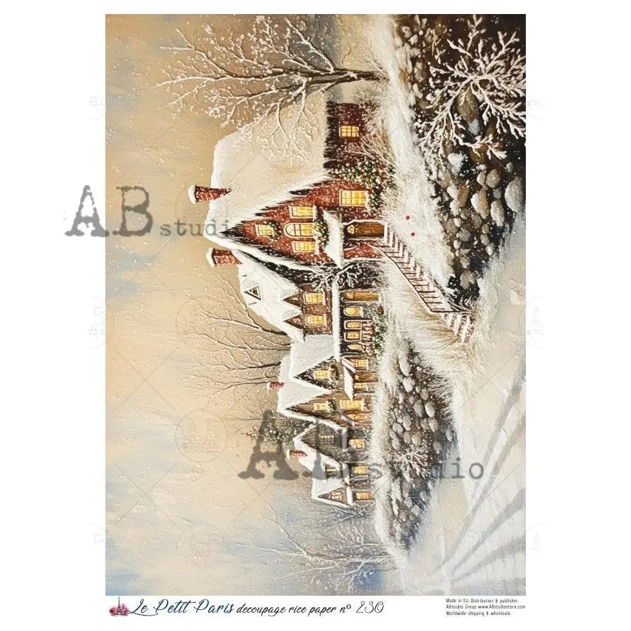 AB Studio, Rice Paper, Christmas, La Petit Paris, Christmas Cottage, Winter Scene, Snow, Trees, A4 8.27 x11.69, Mixed Media, Decoupage NO230 AB Studio