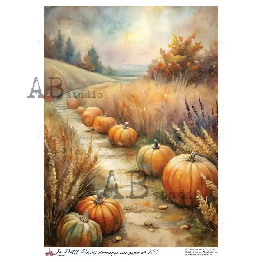 AB Studio, Rice Paper, Christmas, La Petit Paris, Pumpkins, Autumn, Landscape, Fall, A4 8.27 x11.69, Mixed Media, Decoupage NO232 AB Studio