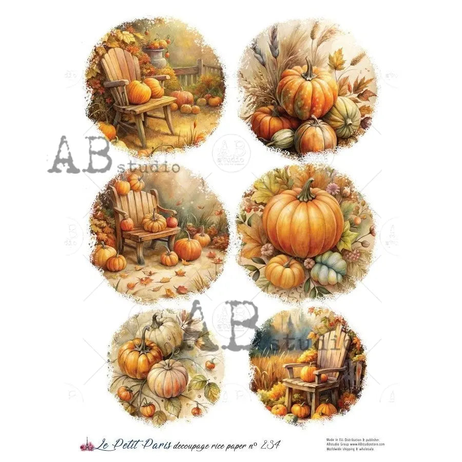 AB Studio, Rice Paper, Christmas, La Petit Paris, Pumpkins, Ornament Rounds, Fall, A4 8.27 x11.69, Mixed Media, Decoupage NO234 AB Studio