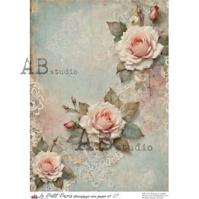 AB Studio, La Petit Paris, Rice Paper, Vintage Style, Pink Roses, Shabby Chic, Flowers, Decoupage, Mixed Media A4 8.27 x 11.69