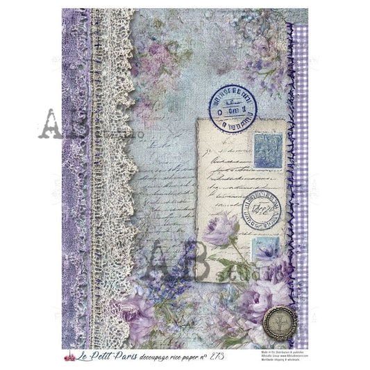 AB Studio, Rice Paper, Christmas, La Petit Paris, Blue, Purple, Floral, Shabby Chic, Lace, A4 8.27 x11.69, Mixed Media, Decoupage NO273