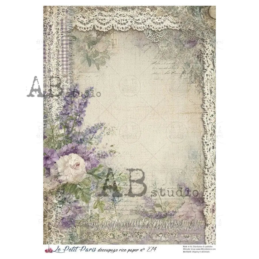 AB Studio, Rice Paper, Christmas, La Petit Paris, Purple, Floral, Lace, Background, Shabby Chic, A4 8.27 x11.6, Mixed Media, Decoupage LP274 AB Studio