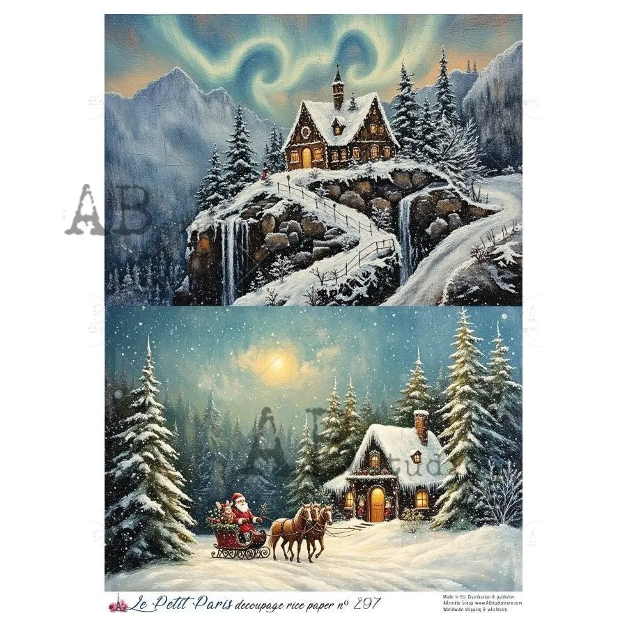AB Studio, Rice Paper, Christmas, La Petit Paris, Christmas Cottage, Winter Scene, Snow, Trees, A4 8.27 x11.69, Mixed Media, Decoupage LP297 AB Studio