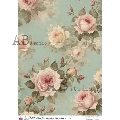AB Studio, La Petit Paris, Rice Paper, Pink Roses, Blue, Shabby Chic, Background, Wallpaper, Decoupage, Mixed Media, A4 8.27 x 11.69 AB Studio