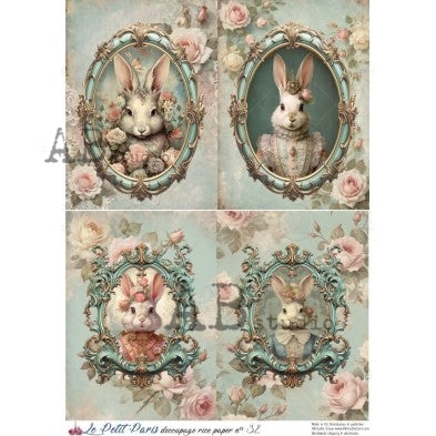AB Studio, La Petit Paris, Rice Paper, Easter, Rabbits, Vintage, Shabby Chic, Background, Wallpaper, Decoupage, Mixed Media, A4 8.27 x 11.69