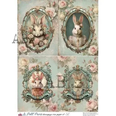 AB Studio, La Petit Paris, Rice Paper, Easter, Rabbits, Vintage, Shabby Chic, Background, Wallpaper, Decoupage, Mixed Media, A4 8.27 x 11.69 AB Studio