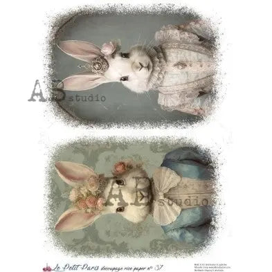AB Studio, La Petit Paris, Rice Paper, Easter, Rabbits, Vintage, Shabby Chic, Background, Wallpaper, Decoupage, Mixed Media, A4 8.27 x 11.69 AB Studio