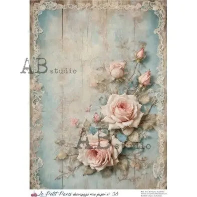 AB Studio, La Petit Paris, Rice Paper, Pink Roses, Blue, Shabby Chic, Background, Wallpaper, Decoupage, Mixed Media, A4 8.27 x 11.69 AB Studio
