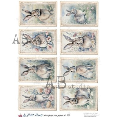 AB Studio, La Petit Paris, Rice Paper, Vintage Style, Easter, Rabbits, Tags, Squares, Decoupage, Mixed Media A4 8.27 x 11.69