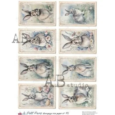 AB Studio, La Petit Paris, Rice Paper, Vintage Style, Easter, Rabbits, Tags, Squares, Decoupage, Mixed Media A4 8.27 x 11.69 AB Studio