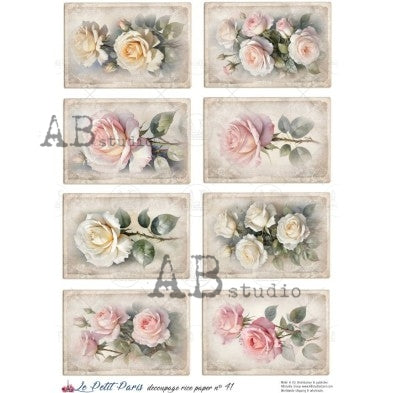 AB Studio, La Petit Paris, Rice Paper, Vintage Style, Pink Roses, Flowers, Tags, Spring, Decoupage, Mixed Media A4 8.27 x 11.69