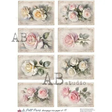 AB Studio, La Petit Paris, Rice Paper, Vintage Style, Pink Roses, Flowers, Tags, Spring, Decoupage, Mixed Media A4 8.27 x 11.69 AB Studio