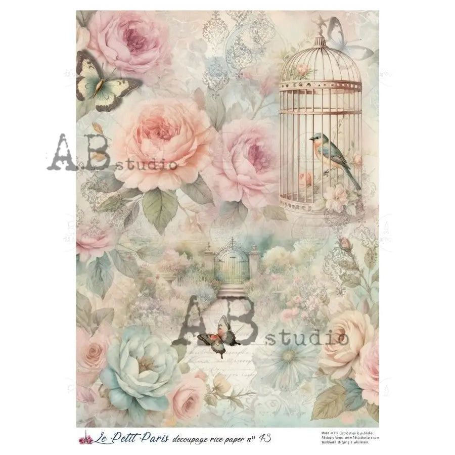 AB Studio, La Petit Paris, Rice Paper, Vintage Style, Pink Roses, Shabby Chic, Wallpaper, Background, Decoupage, Mixed Media A4 8.27 x 11.69 AB Studio