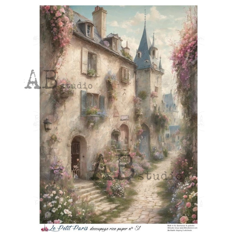AB Studio, La Petit Paris, Rice Paper, Vintage Style, Village, Path, Shabby Chic, Antique Style, Decoupage, Mixed Media A4 8.27 x 11.69