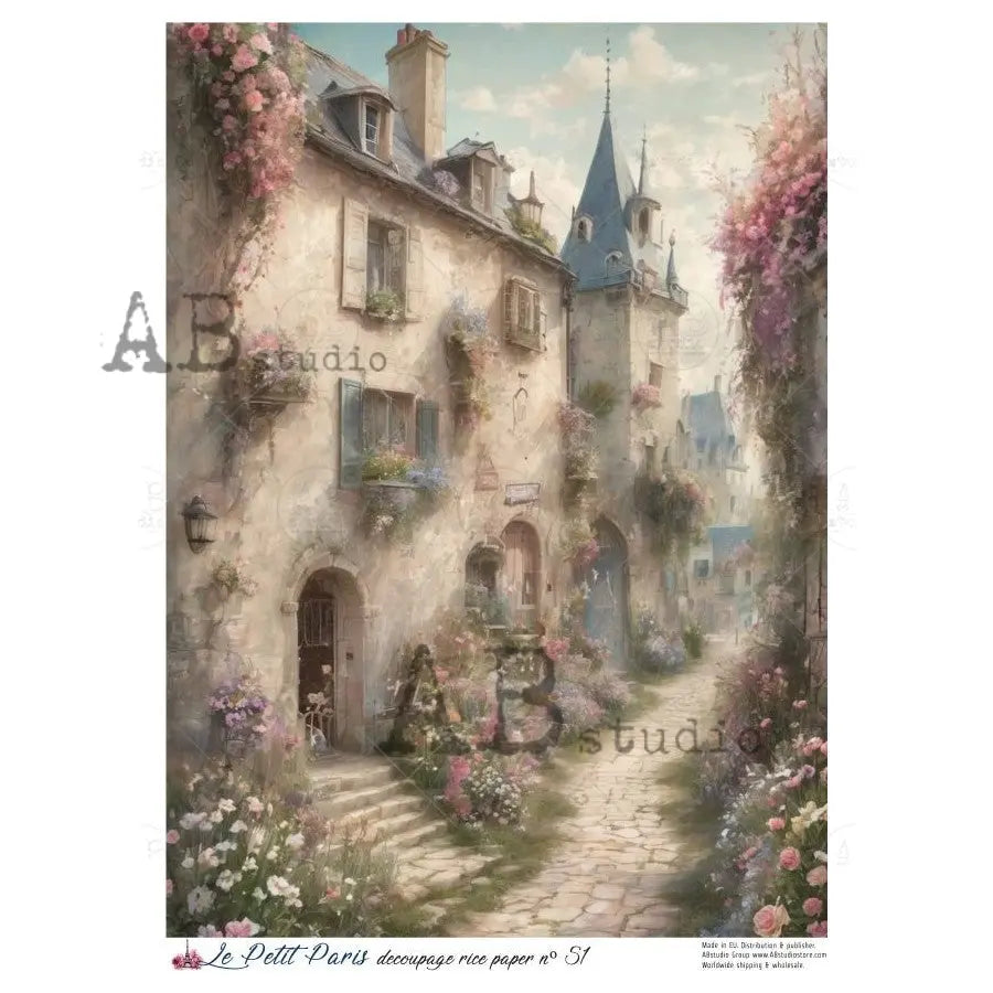 AB Studio, La Petit Paris, Rice Paper, Vintage Style, Village, Path, Shabby Chic, Antique Style, Decoupage, Mixed Media A4 8.27 x 11.69 AB Studio